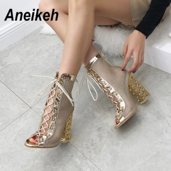 Aneikeh New Summer Sandal Sexy Golden Bling Gladiator Sandals Women Pumps Shoes Lace-Up High Heels Sandals Boots Gold Black